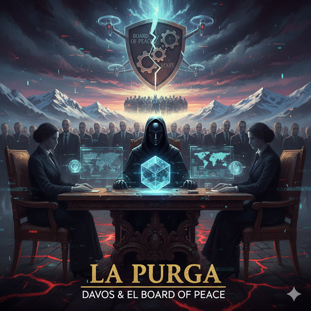 Fórum Económico DavosIlustración conceptual de 'The Base Frequency' Un auditorio donde figuras holográficas y sin rostro están proyectadas sobre un escenario, representando la élite globalista, el Gran Reinicio y el control tecnológico.