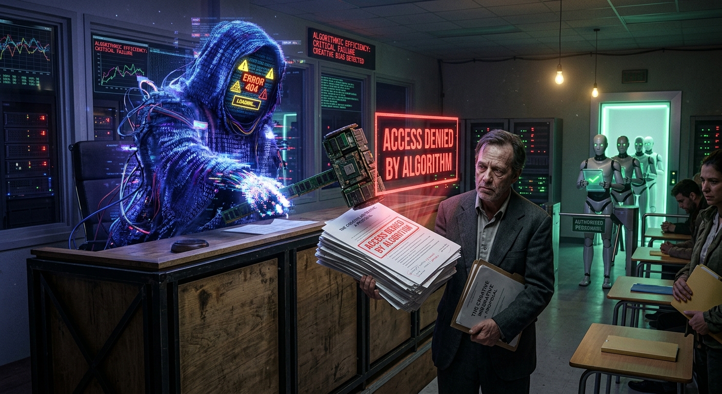 Sátira sobre la resignación humana y el sesgo de la IA en 'The Judgement DAI': un hombre pierde su rol ante un juez algorítmico que no puede controlar.